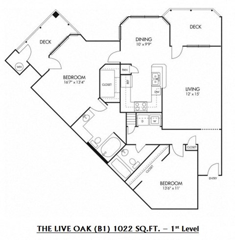 Floor plan for 2 beds, 2 baths, 1022 sqft
